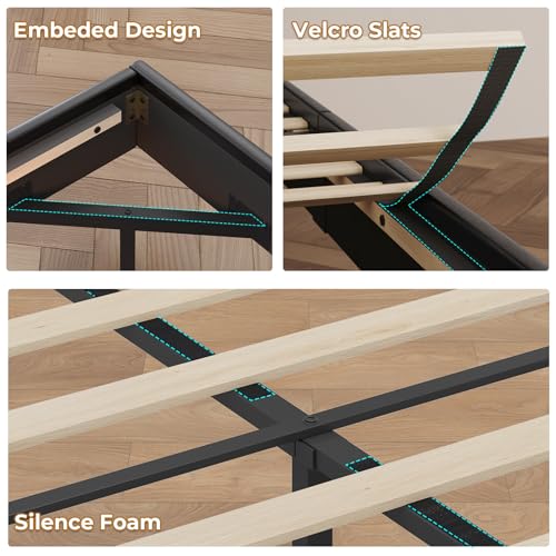 Floating Bed Frame with RGB LED Lights and USB Charging Ports, Linen Upholstered, Dark Gray I1369
