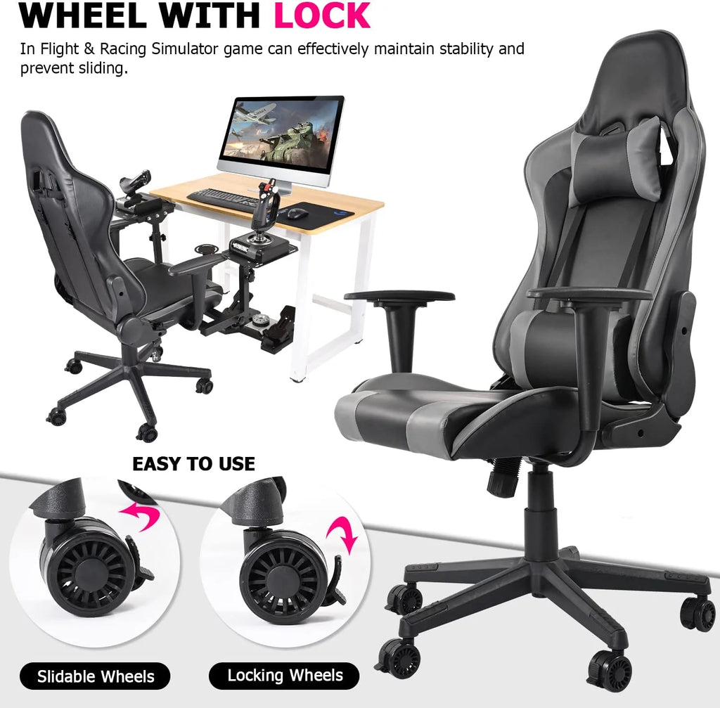 Flight & Racing Simulator Gaming Chair with Adjustable Headrest and Lumbar Pillow, Gray V16718