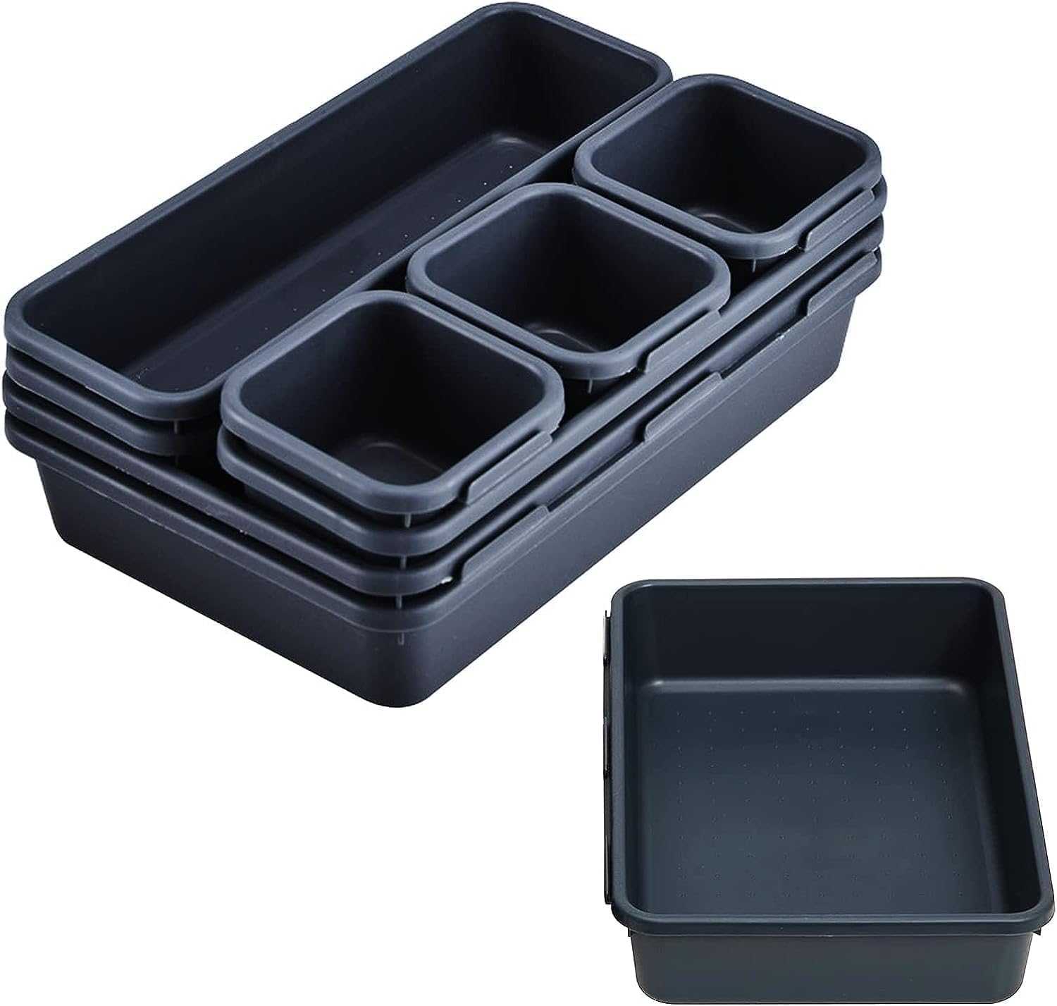 8 PCS Clear Plastic Drawer Organizers Set, 3-Size Versatile Bathroom and Vanity Drawer Organizer Trays, Storage Bins for Makeup, Bedroom, Kitchen Gadgets Utensils and Office (white) (black-1)