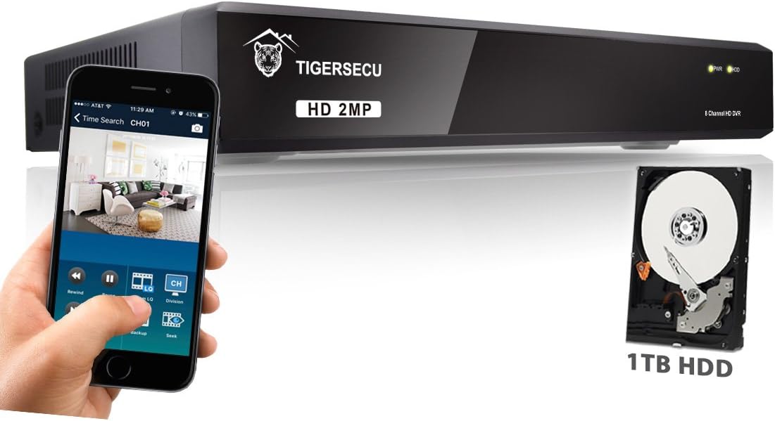 TIGERSECU Super HD 1080P H.265+ 8-Channel Hybrid 4-in-1 DVR Security Recorder with 1TB Hard Drive, for 2MP TVI/5MP TVI/AHD/CVI/Analog Cameras (Cameras Not Included)