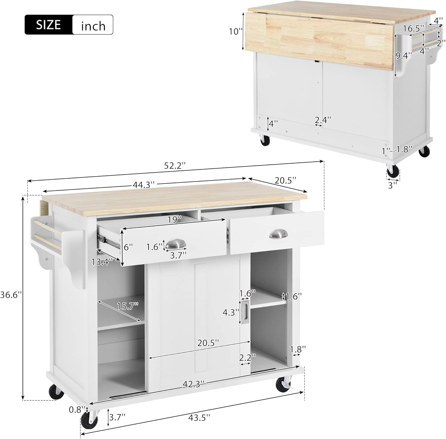 Mobile Kitchen Island Cart with Spice Rack and Towel Rack, Rolling with Drop Leaf, 2 Drawers and Sliding Barn Doors B9917