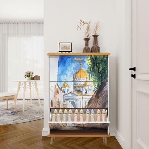 3 Drawer Shoe Cabinet, Paris Watercolor Sketch Design, Slim Entryway Organizer Y8400