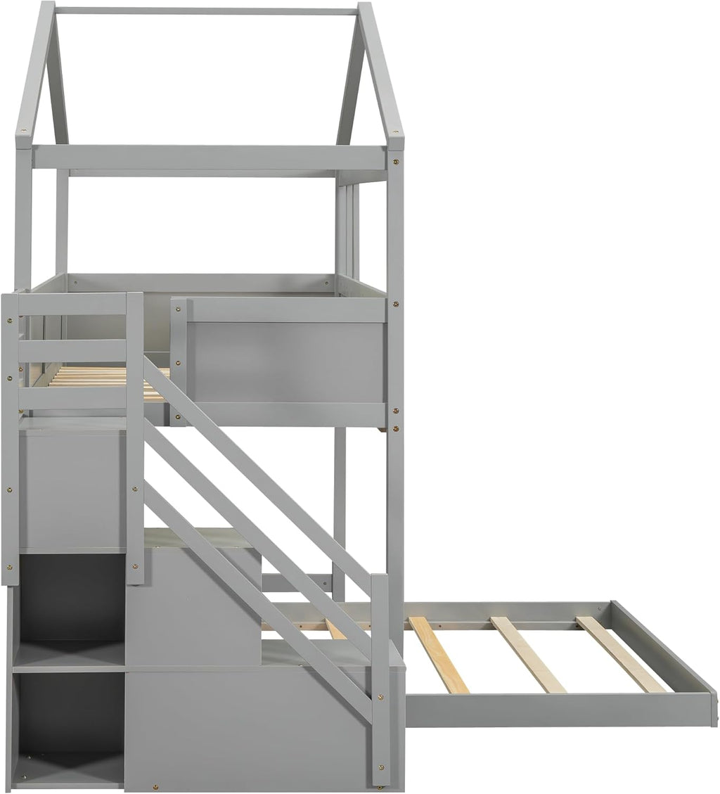 Twin Over Full Bunk Bed with Storage Stairs and Blackboard W837