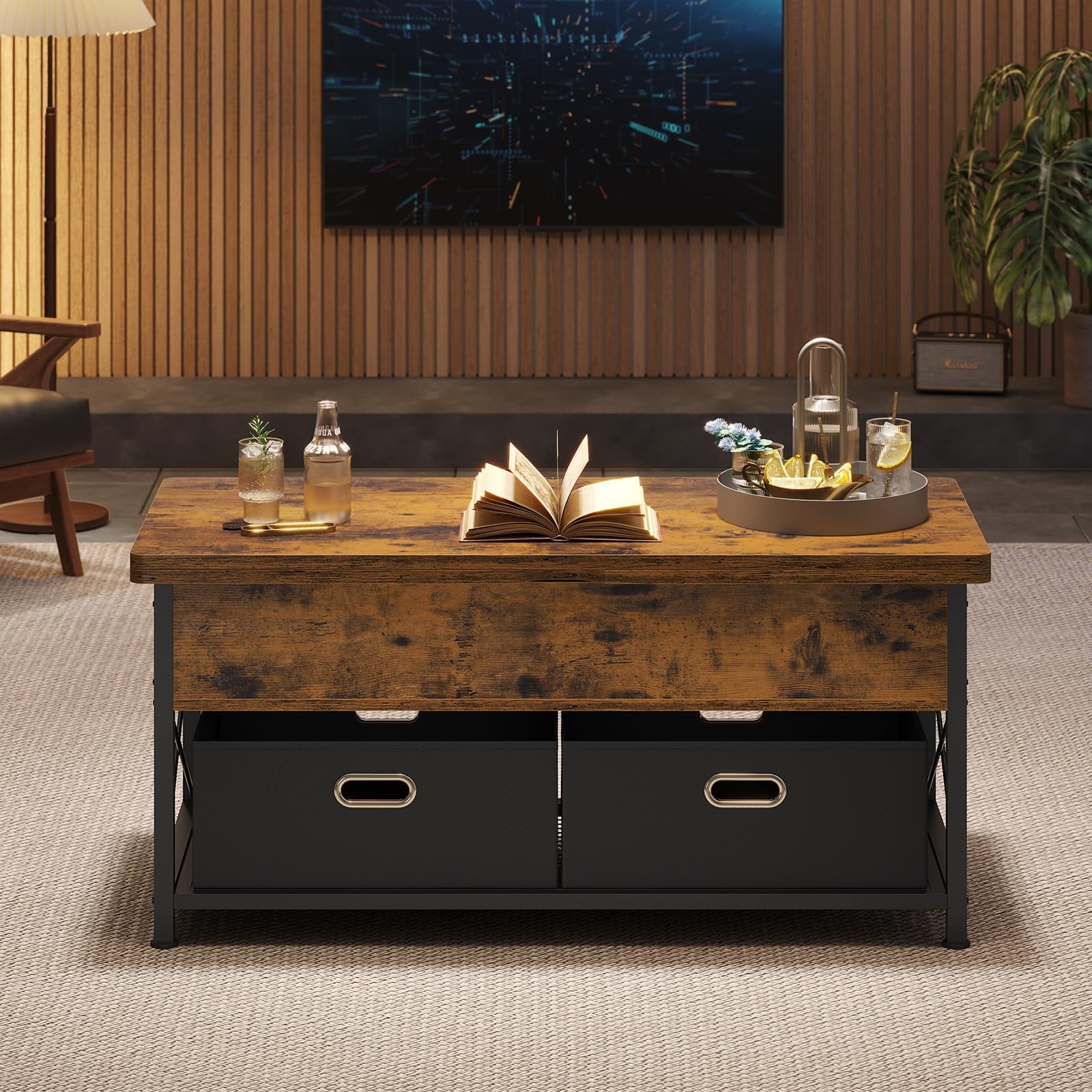 Lift Top Coffee Table with Storage Drawers, Rustic Brown J809657