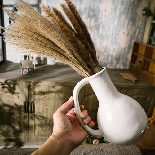 White Ceramic Vase with Double Handle, Rustic Glazed Decor P7017