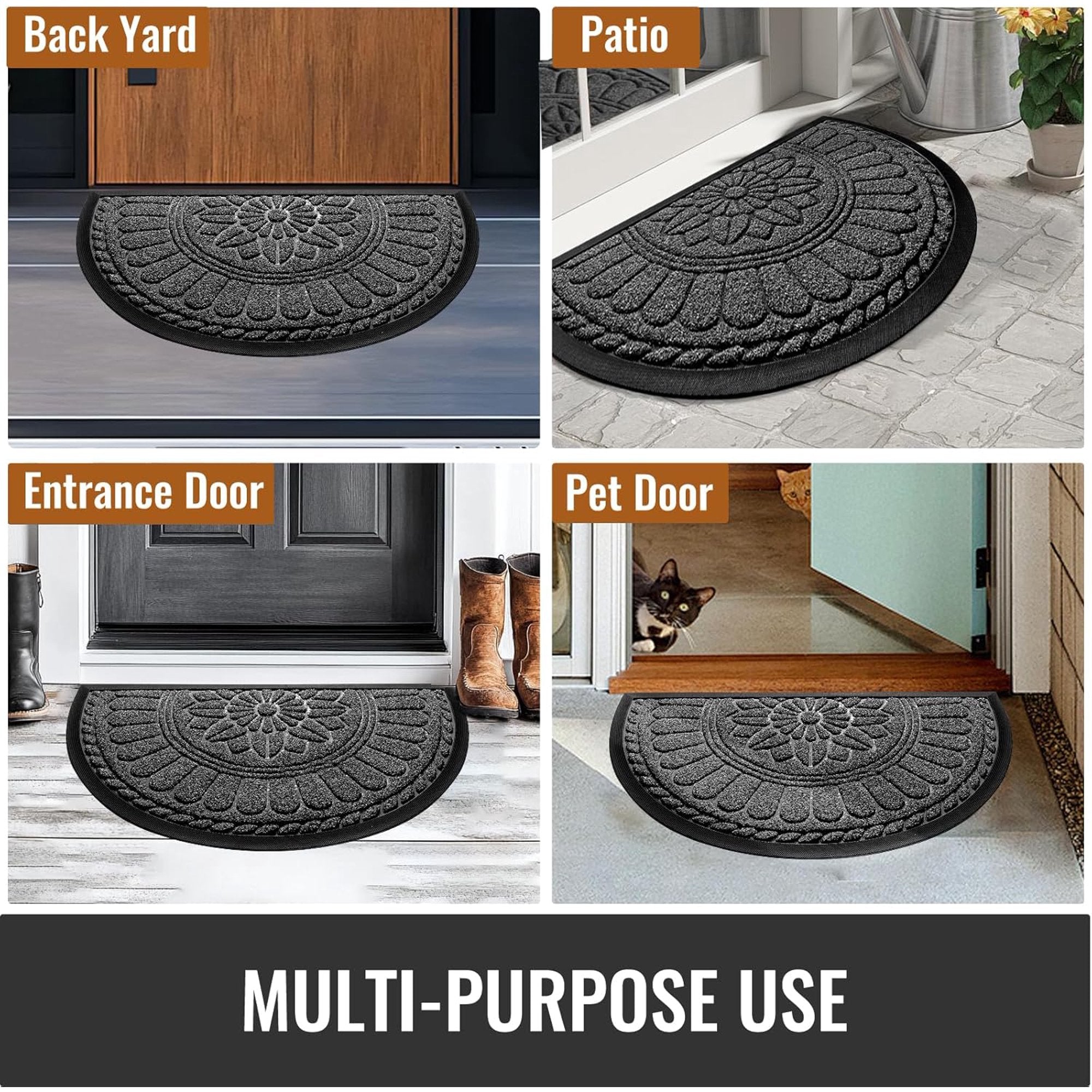 Half Round Door Mat, Non-Slip Rubber, Low-Profile for High Traffic Areas U904450