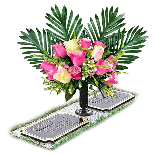 Headstone Flower Saddle Artificial Flowers for Cemetery Realistic Sympathy Flowers, Outdoor Vibrant Lilies and Roses, Long-Lasting and Easy Fit Grave Decorations, White-purple