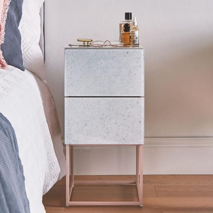 Glass Small Nightstand with 2 Drawer, Marble Tall Bedside Table for Bedroom/Small Space End Table- Sturdy Iron Frame, Durable Clear Glass Surface (Pattern & Pink 1)