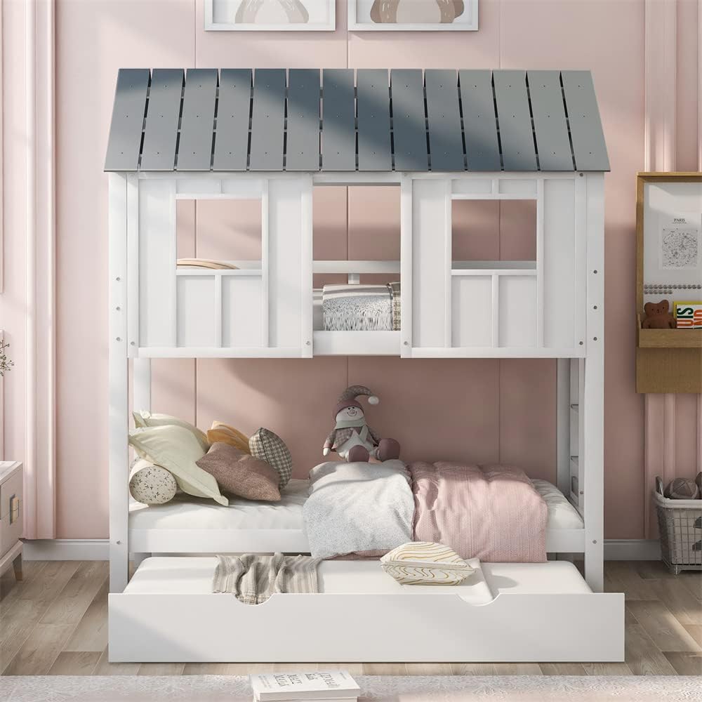 Wood House Bunk Bed with Trundle, Twin Over Twin with Guardrails and Ladder, White S560