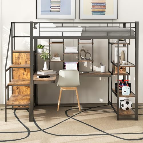 Full Size Metal Loft Bed with Storage Staircase and Desk I161867