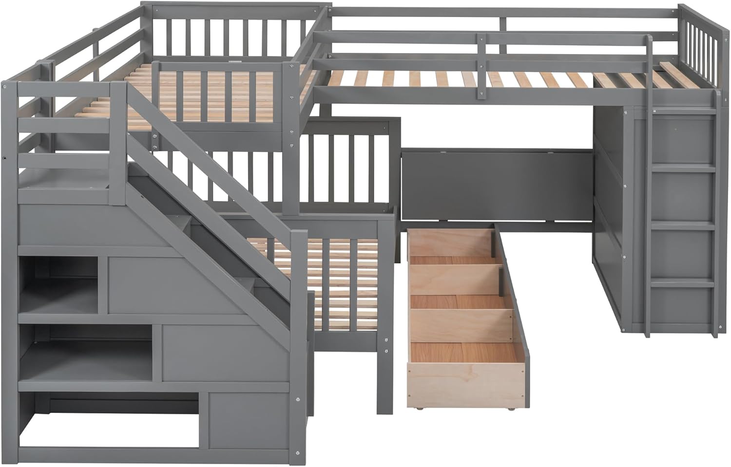 Twin Over Full Wooden Bunk Bed with Stairs, Desk, Storage and Wardrobe D3913