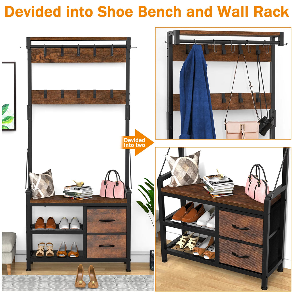 4-in-1 Entryway Hall Tree Coat Rack with Shoe Storage Bench, 17 Hooks, 2 Drawers, Rustic Brown Y1980