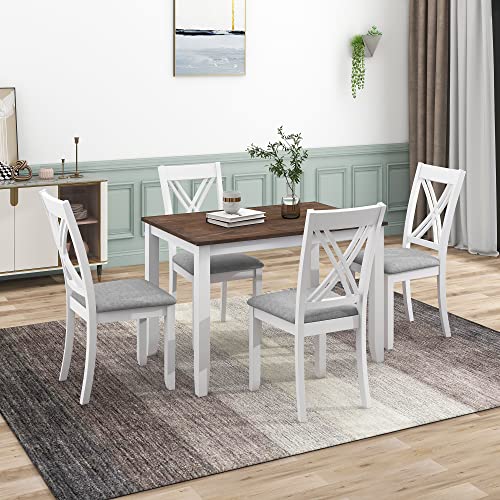5-Piece Dining Table Set for Small Spaces, Minimalist Wood Dining Table with 4 Upholstered Chairs, Rectangular Table and 4 X-Back Chairs (Blue)