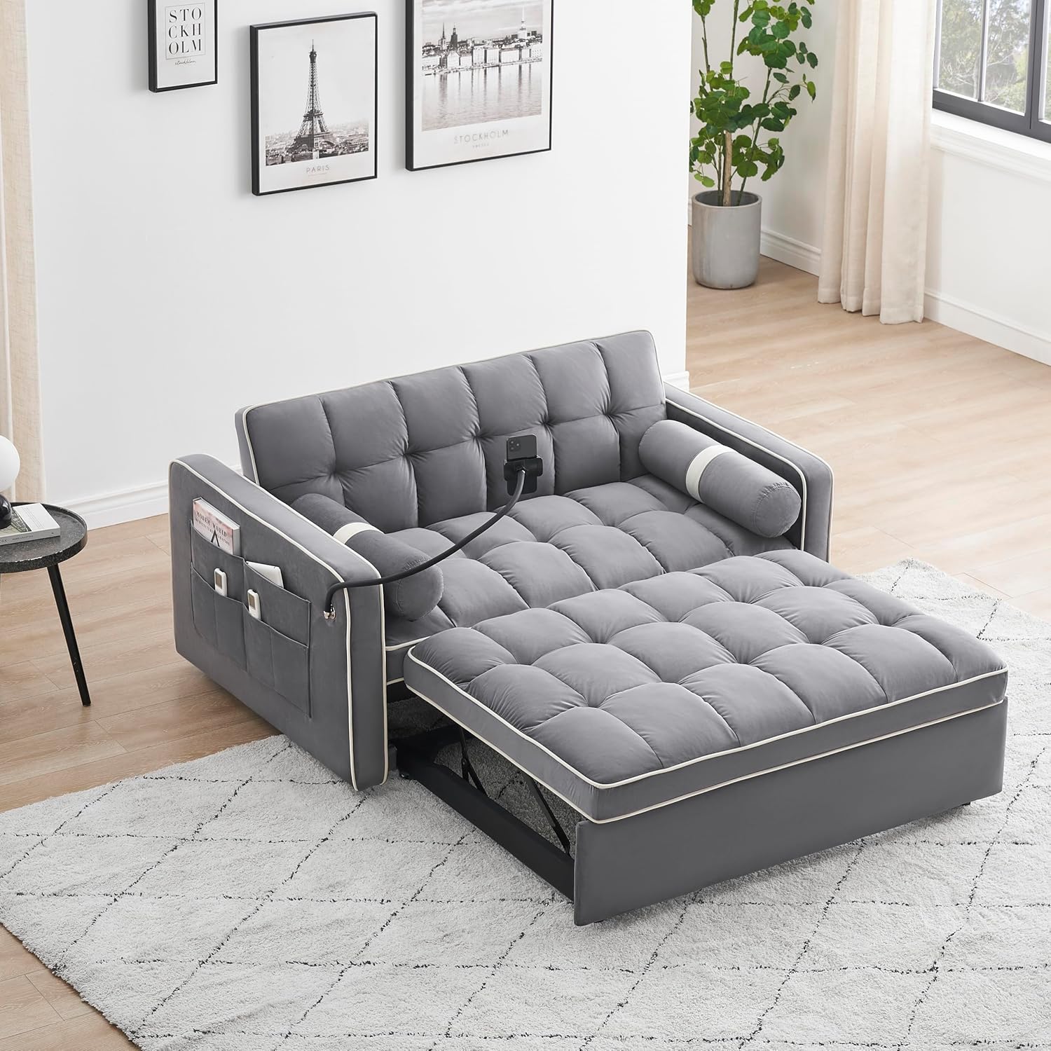 Furniture Sets 3 in 1 Sleeper Sofa Pull Out Bed,Modern Velvet Convertible SofaBed,55" Loveseat w/Adjustable Backrest/Pillows & Side Pockets for Small Space,Living Room,Apartment, 55'', 09-Gray