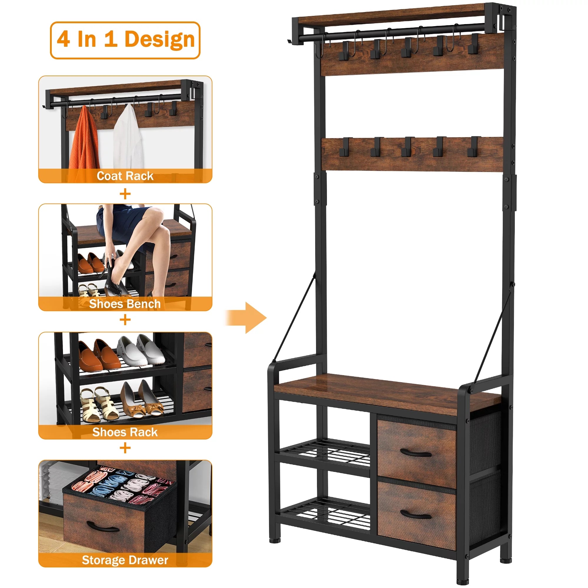 4-in-1 Entryway Hall Tree Coat Rack with Shoe Storage Bench, 17 Hooks, 2 Drawers, Rustic Brown Y1980