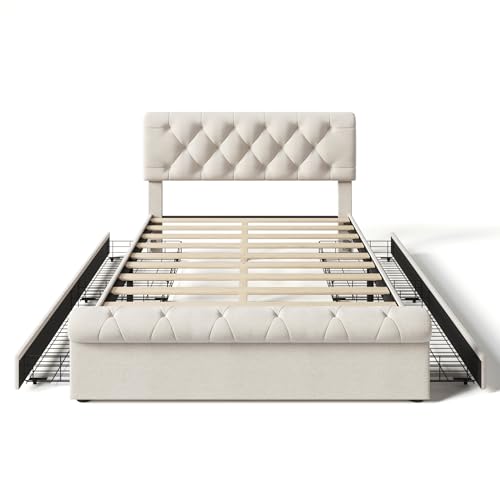 Upholstered Bed Frame with 4 Drawers and Adjustable Headboard A837467