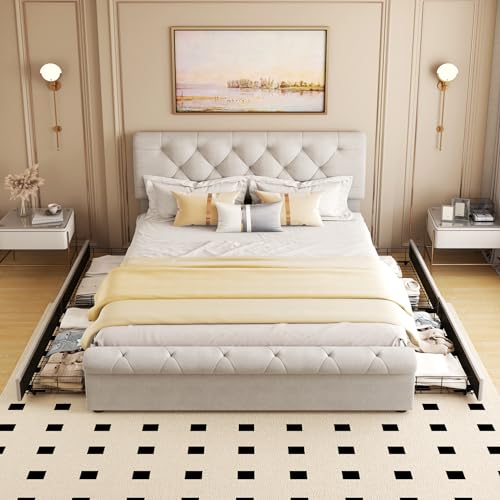Upholstered Bed Frame with 4 Drawers and Adjustable Headboard A837467
