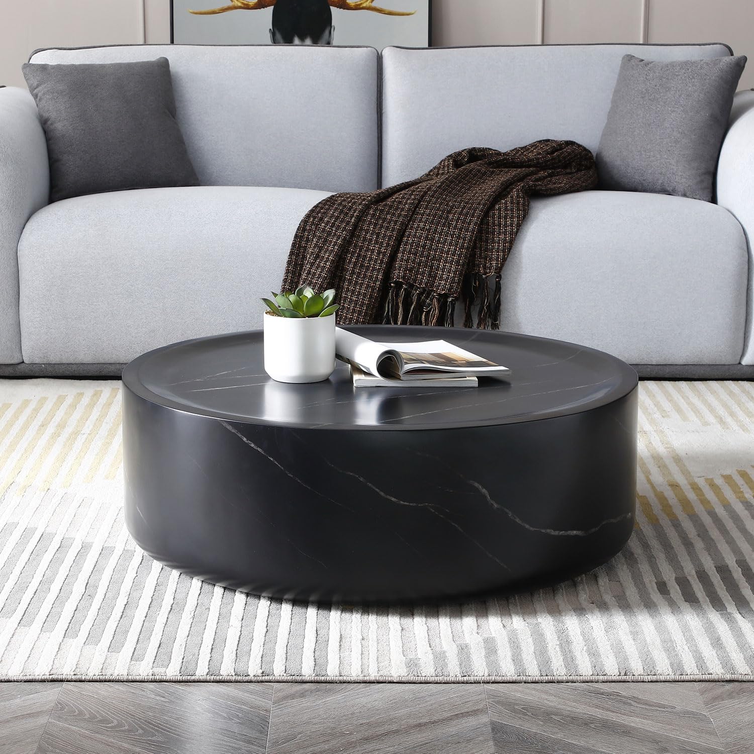 Henf 31.5" Round Marble Coffee Table for Living Room Modern Black Faux Marble Drum Coffee Table Circle Center Table Cocktail Table Sturdy Fiberglass Living Room Table No Need Assembly (Black)