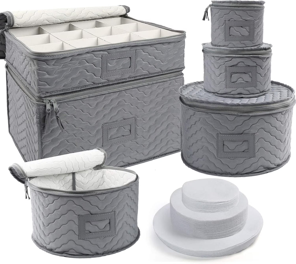 China Storage Containers - Quilted 6-Piece Set Storage Box- Stores Chinaware, Stemware, Dinnerware, Dish Storage Service for 12, 48 Pcs Felt Protectors, Cardboard Dividers Included
