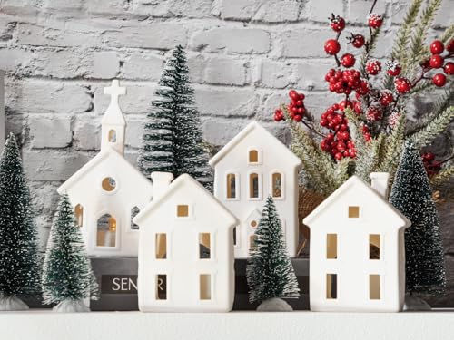 9 Pcs Christmas Village Figurines Set with Lighted Ceramic Houses and Trees O3990