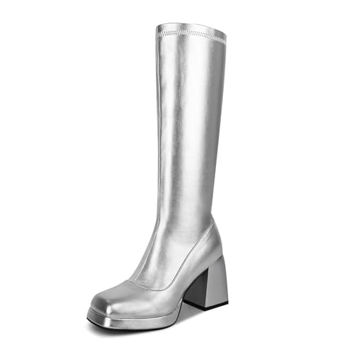 Knee High Gogo Boots, with Square Toe, Side Zipper and Chunky Heel Design for 60 70's Party