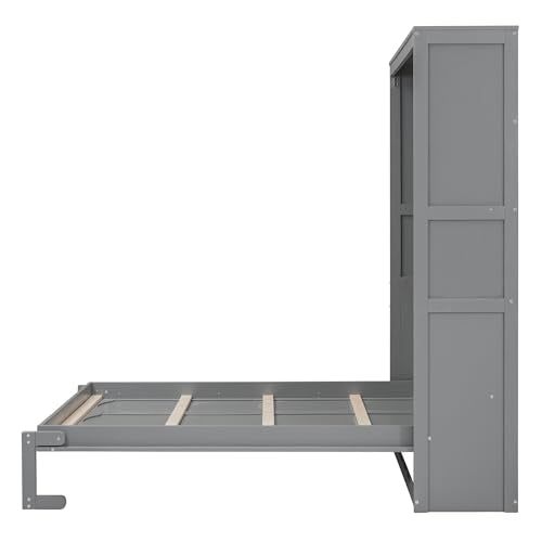 Murphy Bed with 2-Tier Shelves, Folding Bedframe, Space-Saving Design, No Box Spring Needed Q6874