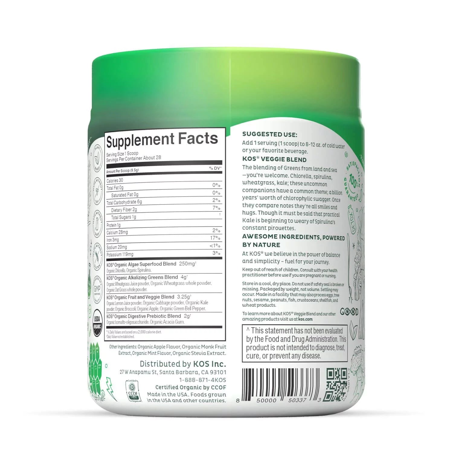 Organic Super Greens Powder with Spirulina, Chlorella and Wheatgrass, Green Apple Flavor A949
