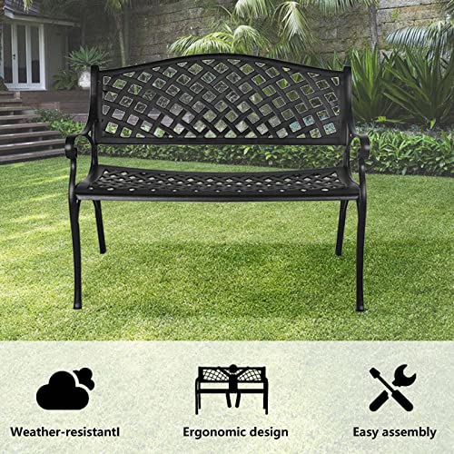 Outdoor Cast Aluminum Patio Bench with Checkered Design V265343