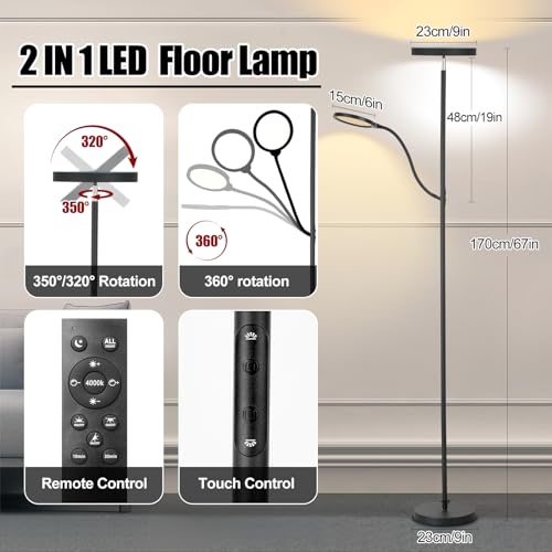LED Floor Lamp, 36W, 3 Color Temperatures, Dimmable, Remote & Touch Control D100