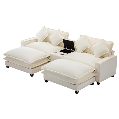 Sectional Sofa with Removable Ottoman, USB Ports, Cup Holders and Storage, 2-Seat, Beige J5144