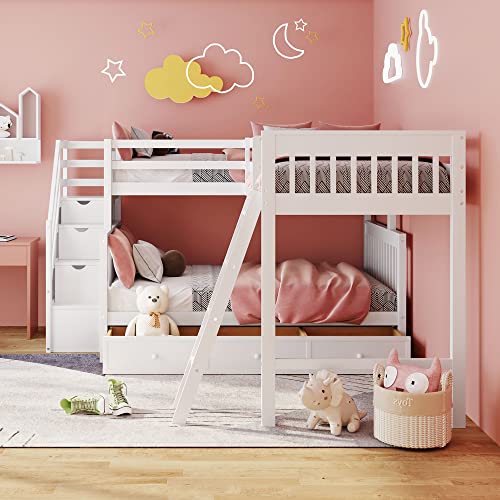 Triple Bunk Bed with Drawers and Stairway, L-Shaped Loft Bed Combo G408