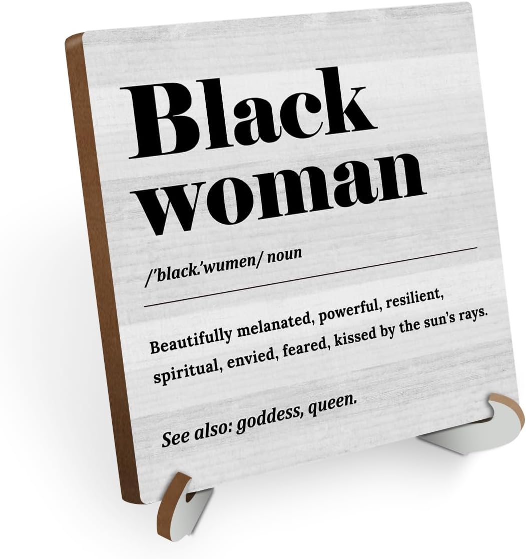 Black Woman Definition Wood Sign Desk Decor Rustic Office Cubicle Decor Inspirational Quotes Plaque with Wooden Stand Farmhouse Positive Office Desk Accessories for Home Table Shelf Tiered Tray