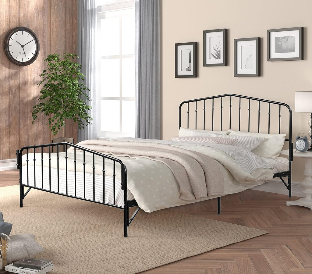 Metal Canopy Bed Frame with Ornate Headboard, Black, Queen A70815