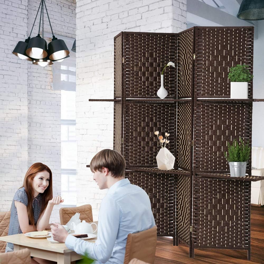 4 Panel Room Divider with 2 Shelves - 6 FT Tall Folding Privacy Partition, Freestanding Screen for Home Office H8578