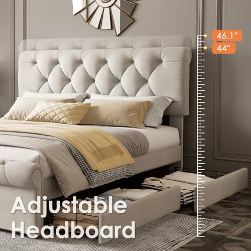 Upholstered Bed Frame with 4 Drawers and Adjustable Headboard A837467