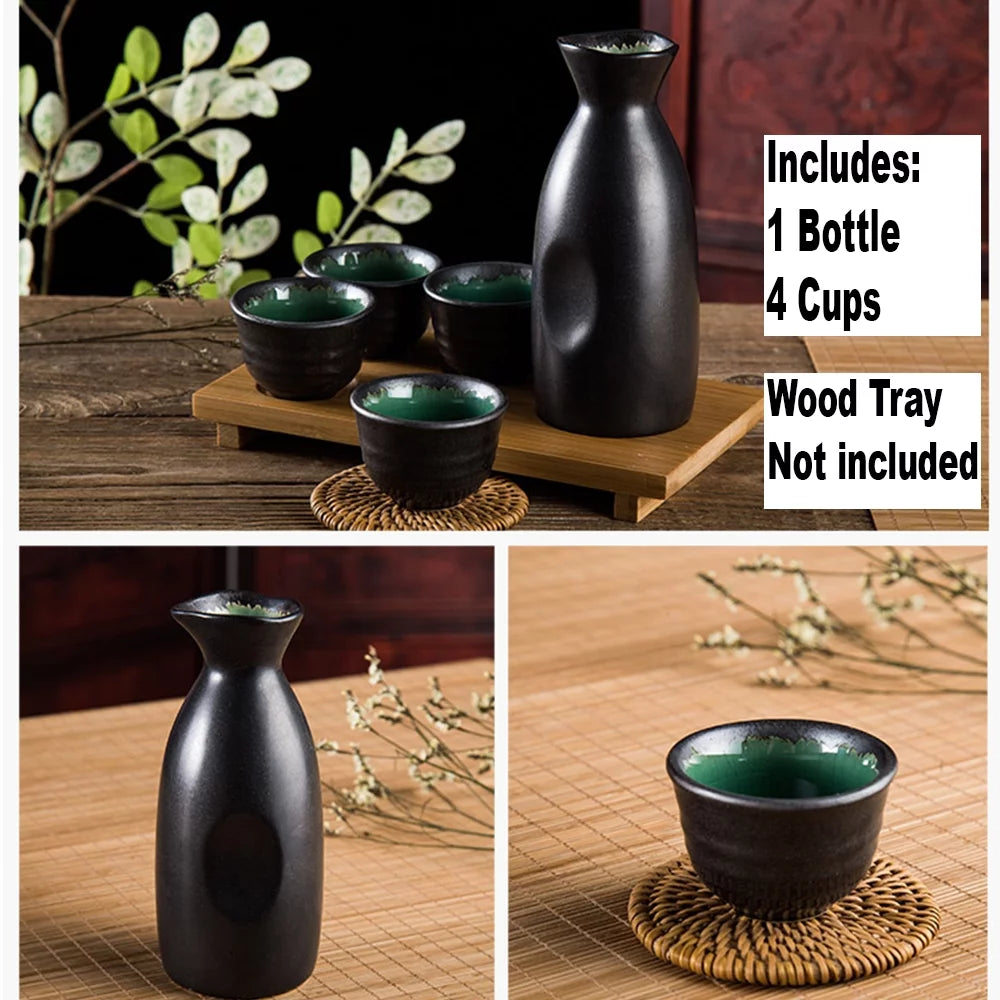 Japanese Sake Set 5-Piece Porcelain Ceramic with Serving Bottle and 4 Cups N1508