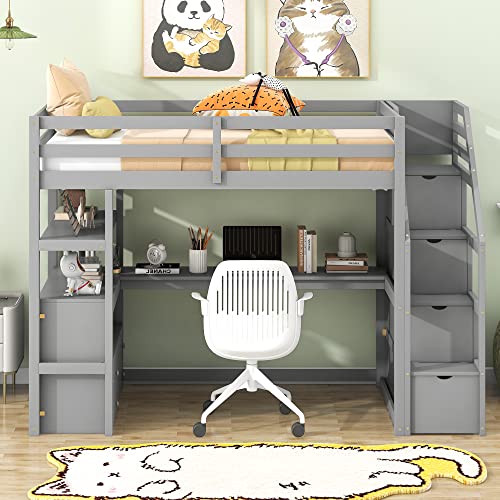 Full Size Loft Bed with Built-in L-Shaped Desk and Bookshelves, Solid Wood Loft Bed Frame with Safety Guardrail and Storage Staircase,Save Bedroom Space for Kids and Teens. (Grey~N)