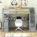 Full Size Loft Bed with Built-in L-Shaped Desk and Bookshelves, Solid Wood Loft Bed Frame with Safety Guardrail and Storage Staircase,Save Bedroom Space for Kids and Teens. (Grey~N)