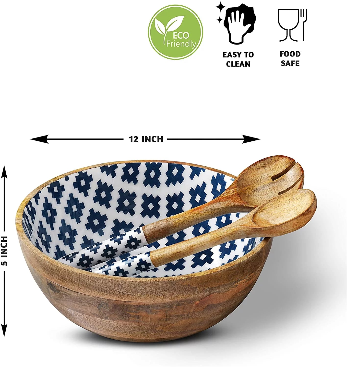 Salad Bowl with Serving Tongs, Mango Wood, Geometric Blue E491351