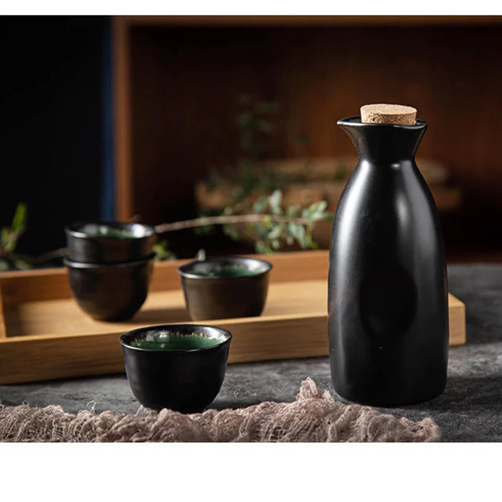 Japanese Sake Set 5-Piece Porcelain Ceramic with Serving Bottle and 4 Cups N1508