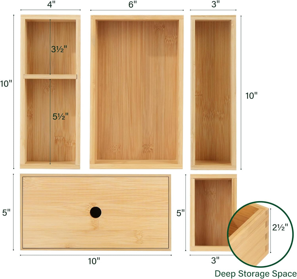 Bamboo Drawer Organizer Set, 5 Pcs Multi-Use Storage Box for Kitchen, Bathroom, Office R3794