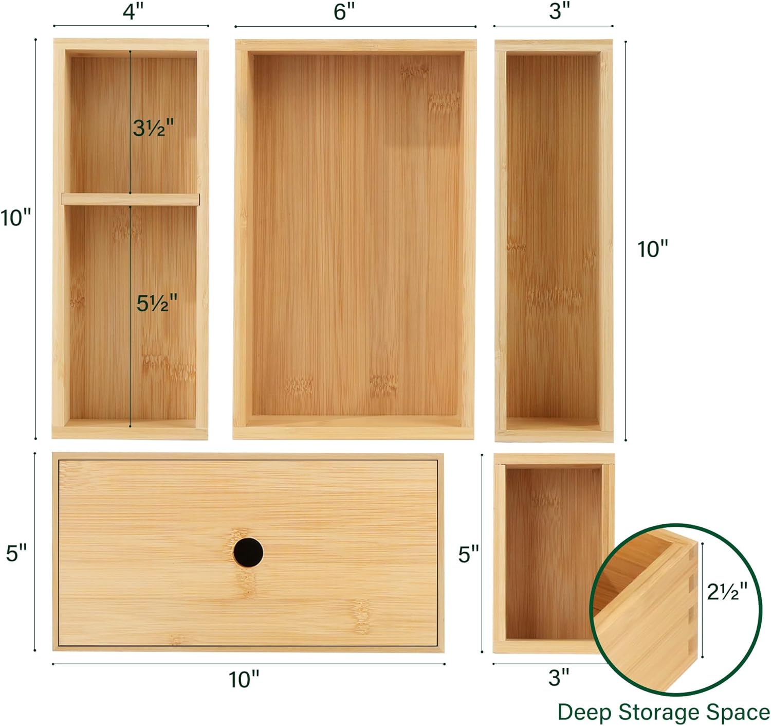 Bamboo Drawer Organizer Set, 5 Pcs Multi-Use Storage Box for Kitchen, Bathroom, Office R3794