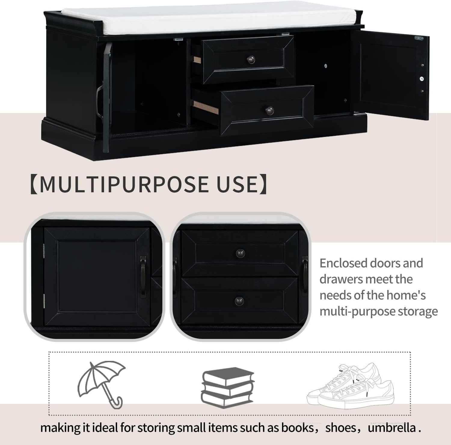 Storage Bench with 2 Drawers and 2 Cabinets, Removable Cushion, Black H95062