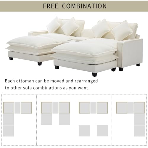 Sectional Sofa with Removable Ottoman, USB Ports, Cup Holders and Storage, 2-Seat, Beige J5144