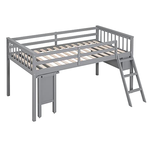 Wooden Full Size Low Loft Bed with Rolling Desk, Chair, and Cabinets for Kids S1286
