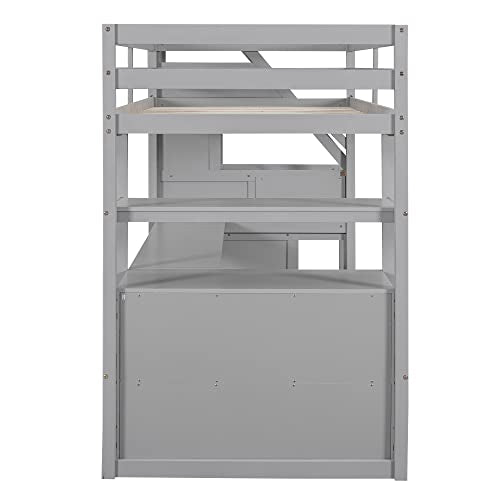 Loft Bed with Built-in L-Shaped Desk and Bookshelves, Solid Wood Frame with Safety Guardrail and Storage Staircase B5339