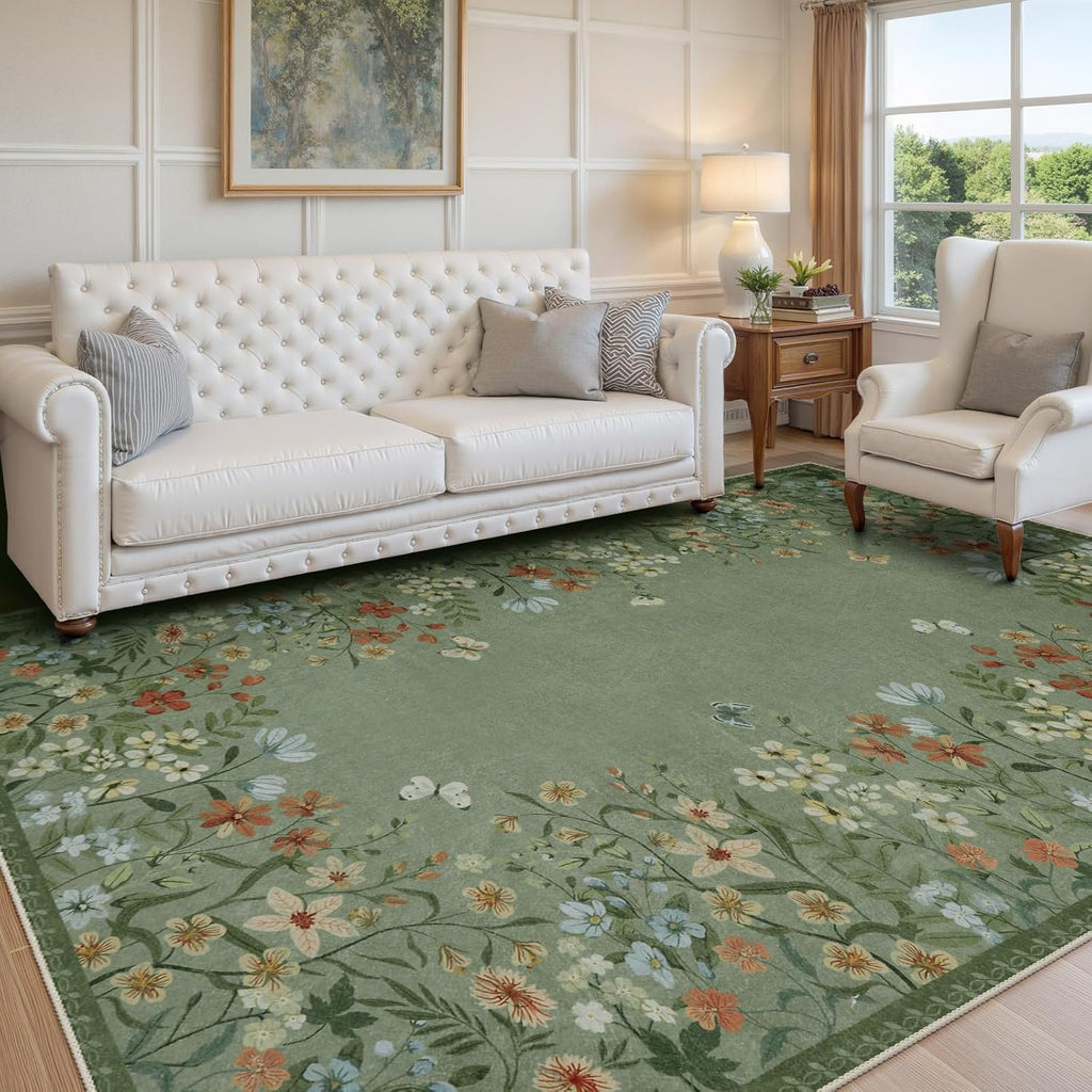 Washable Green Floral Area Rug 4x6, Non-Slip Low-Pile Indoor Carpet O8865
