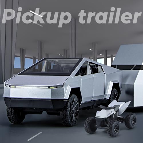 Diecast Pickup Trailer RV Model Toy Truck with Beach Motorcycle, Sound Light Pull Back I5768