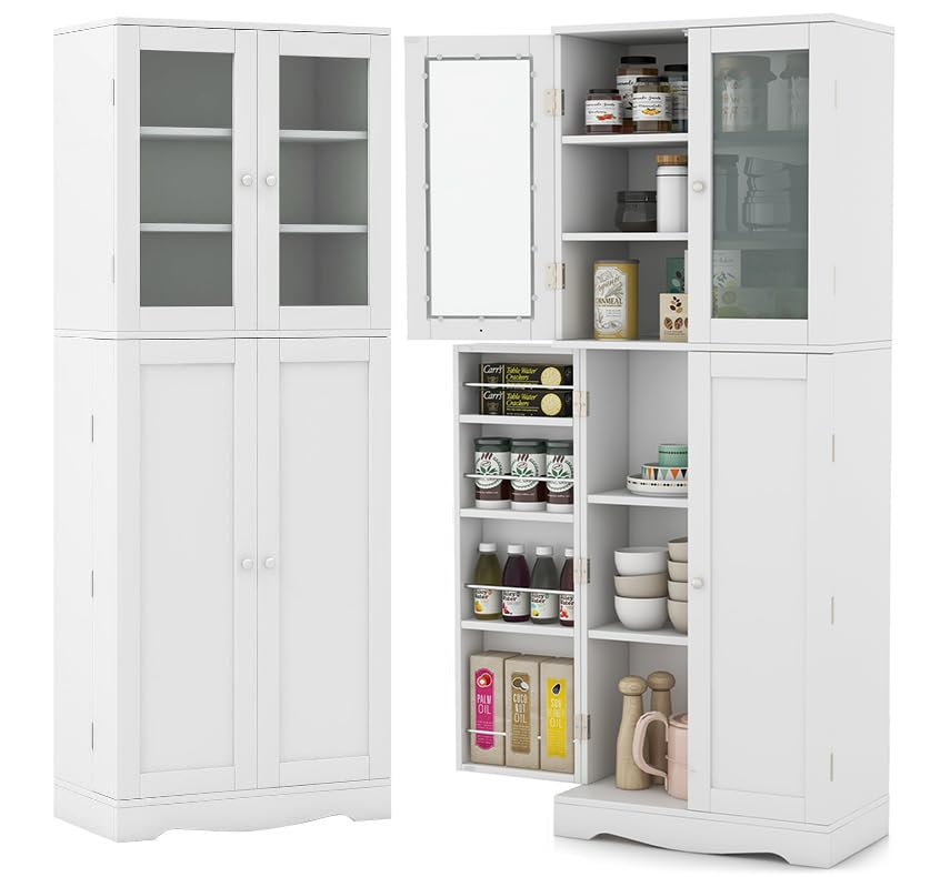 LOKO 63.5" Tall Kitchen Pantry Storage Cabinet, Utility Food Buffet Cabinet with Glass Doors, Storage Shelves, Door Racks, Freestanding Cupboard for Dining Room, Living Room (White)