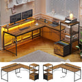 L Shaped Desk with Power Outlets and LED Lights, Reversible Computer Desk with Fabric File Drawer, Rustic Brown